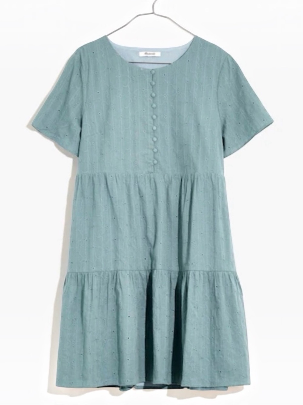 Madewell Embroidered Eyelet Button Front Tiered Mini Dress Green Blue SP Petite